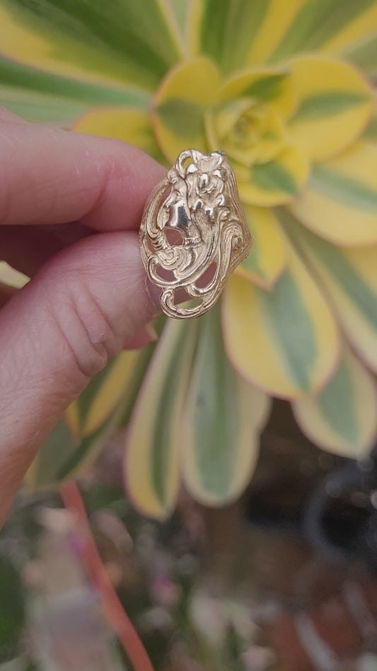 14k solid gold art nouveau woman ring. Also available in sterling silver