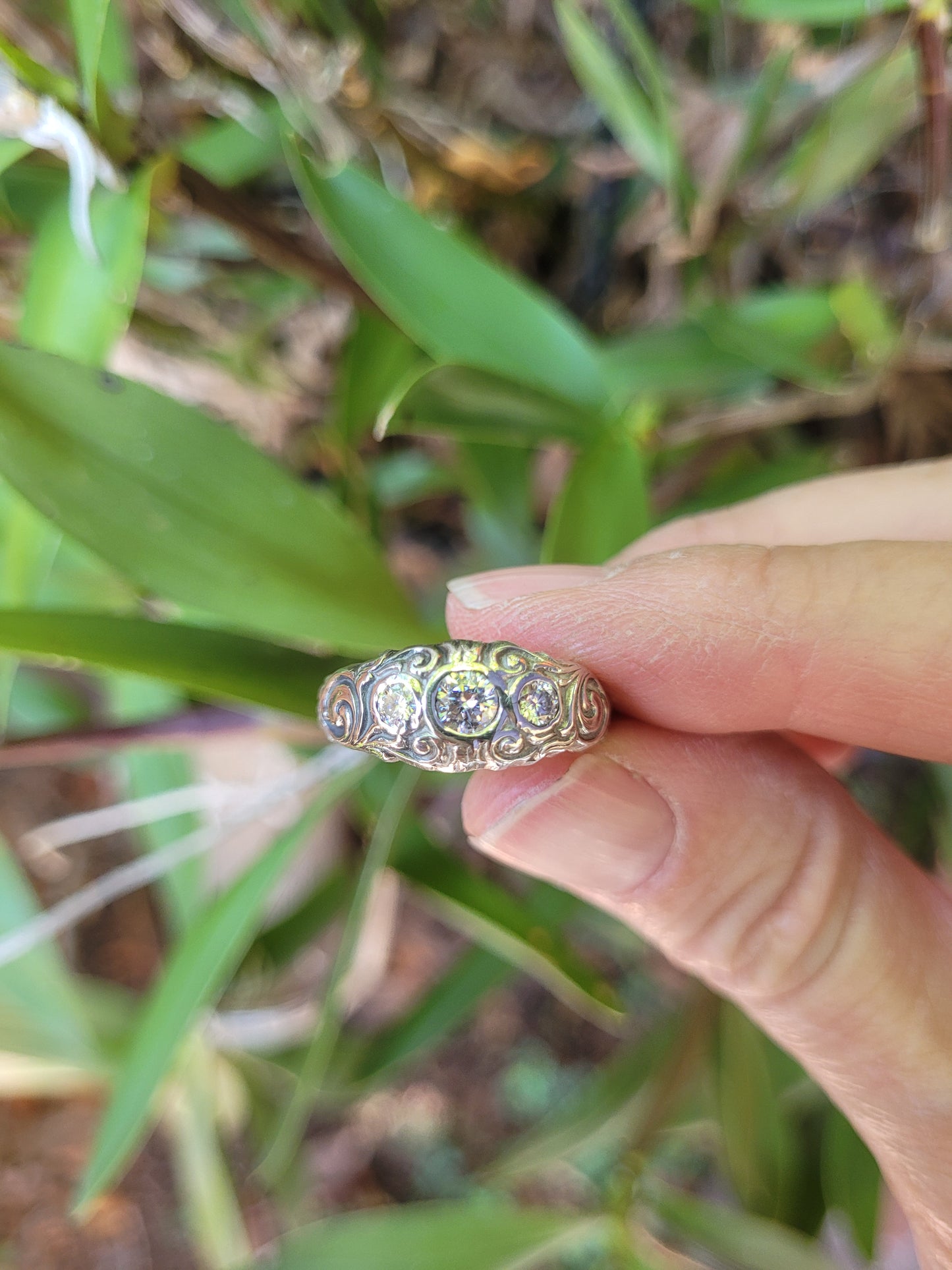 3 diamond Art nouveau sterling silver ring.